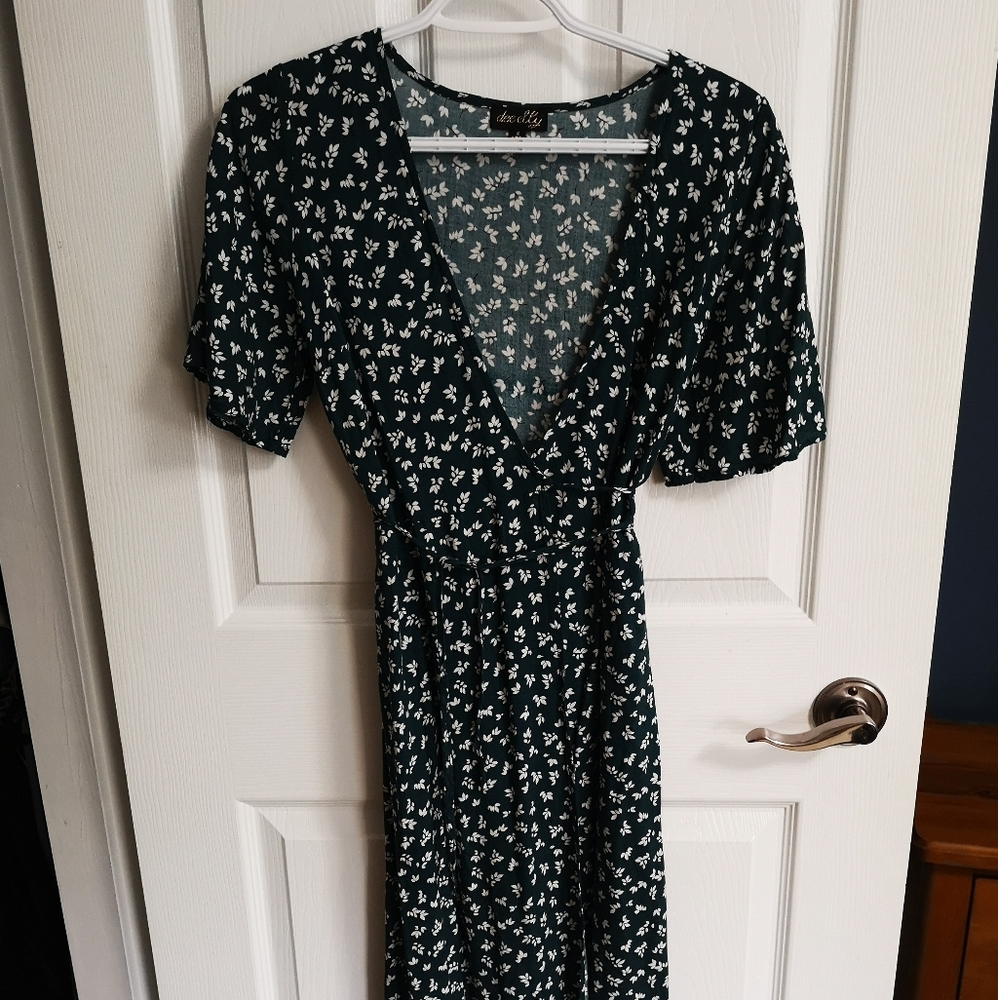 Green flowered wrap midi dress